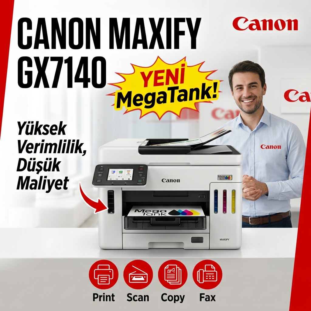 Canon Maxify GX7140 Wi-Fi + Tarayıcı + Fotokopi + Faks Renkli Çok Fonksiyonlu Tanklı Muadil Mürekkepli Püskürtmeli Yazıcı