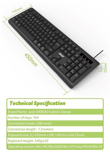 Acer OAK-0A0 Siyah Kablolu Sessiz Tuşlu Klavye (Caps Lock) (Kablo Uzunluğu 1.50Cm) Caps Lock - 2