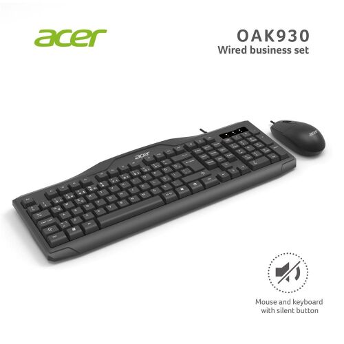 Acer OAK-930 Kablolu Sessiz Tuşlu Klavye Moue Set Siyah (Klavye 1,40Cm-Mouse 1.60Cm Kablo) - 1