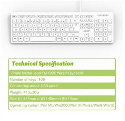 Acer OAK920 Q Usb Beyaz 1.8mt Kablolu Klavye-Tek Tuş Hesap Makinalı (Sessiz Tuş) - 1