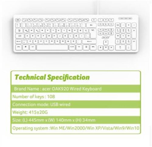 Acer OAK920 Q Usb Beyaz 1.8mt Kablolu Klavye-Tek Tuş Hesap Makinalı (Sessiz Tuş) - ACER