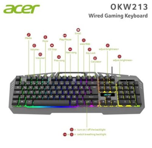 Acer OKW213 Gri RGB Rainbow Backlit Gaming Keyboard Rainbow (Kablo Uzunluğu 1,5mt) - ACER (1)