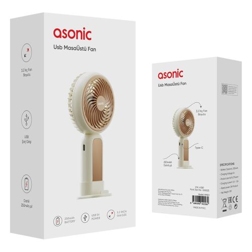 Asonic AFN21 Krem 250mAh Dahili Pil Elde Taşınabilir Masaüstü Usb Fan Şarjlı Type-c Şarj - ASONIC