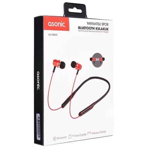 Asonic AS-XBK65 Kırmızı Boyun Askılı Mıknatıslı Bluetooth+TF Kart Spor Kulak içi Kulaklık - 1