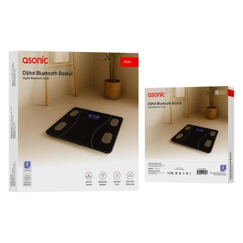 Asonic BS260 Siyah 2-AAA Pil Dijital Bluetooth Baskül (Sensör-Temperli Cam-Otomatik Sıfırlama) - ASONIC
