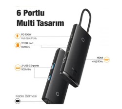 Baseus WKQX050101 Örgülü Kablo Type-C 6ın1 Hub (2Usb 3.0 -Hdmı-Sd-TF-Type-C) - 1
