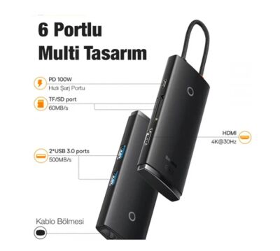 Baseus WKQX050101 Örgülü Kablo Type-C 6ın1 Hub (2Usb 3.0 -Hdmı-Sd-TF-Type-C) - 1
