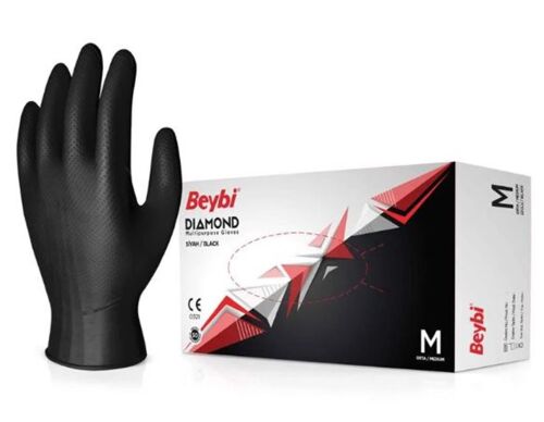 Beybi Diamond M Beden Pudrasız Kalın Siyah Nitril Eldiven Medium (Kutuda 100 Adet) - BEYBİ