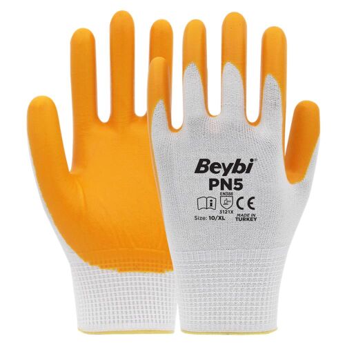 Beybi Nitril PMK PN5 Beyaz Sarı Örme Polyoster Nitril 10 Beden 12li Paket EN388 (3121X) - 1