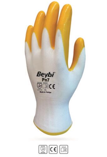 Beybi Nitril Poly PN7 10 Beden Beyaz Sarı Eldiven 12li Paket - BEYBİ
