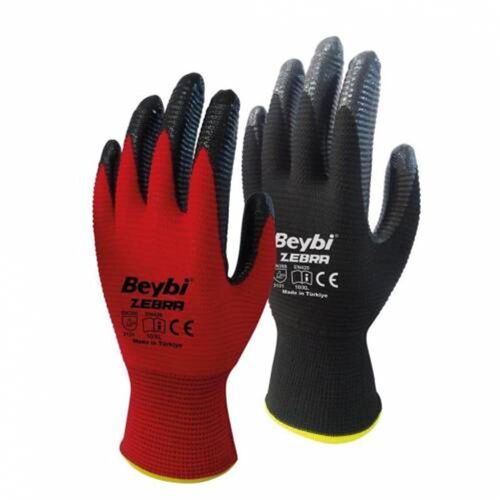 Beybi Nitril Poly Pnzebra 10 Beden Kırmızı Siyah Eldiven 12li Paket EN388 (3131X) - 1