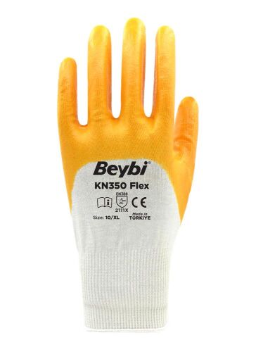 Beybi Pamuk Nitril PMK KN350 Flex 10 Beden Eldiven 12li Paket Beyaz Sarı EN388 (2111X) - BEYBİ