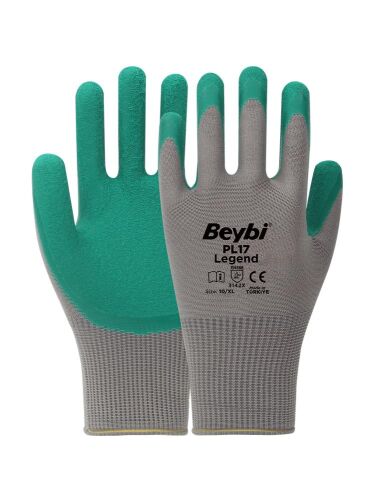 BEYBİ PL17 9 Beden Gri-Yeşil 12li Paket Legend Polyester Örme Lateks Eldiven - 1