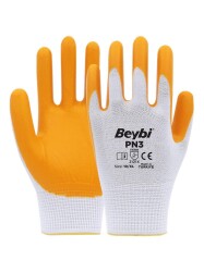 Beybi PN3 Beyaz Sarı 9 Beden Polyester Örme Nitril Eldiven 12li Paket EN388 (2121X) - 1
