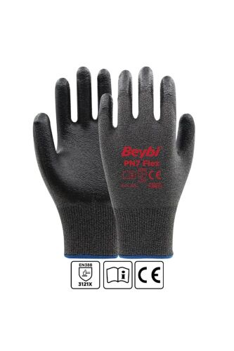 Beybi Pn7 Flex 10 Beden Nitril Kaplı Naylon Örme Eldiven 12li Paket Gri-Siyah EN388 (3121X) - BEYBİ