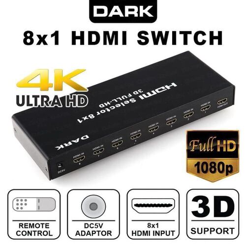Dark DK-HD-SW8X1 Full HD 8 Giriş 1 Çıkışlı Uzaktan Kumandalı HDMI Switch (Seçici) - DARK (1)