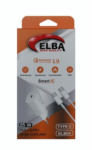 Elba ELB04-PD-25WTypc Beyaz 25W Typc-e Ev Şarj Kafa+1mt Type-c To Type-c Kablo 3.1 Hızlı Şarj - ELBA