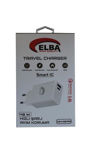 Elba ELB13 Elb-48w 3.4A USB-Pd48 (Usb+Type-C) Akıllı Koruma- Isıya Dayanklı Hızlı Şarj Ev Şarj Kafa - ELBA