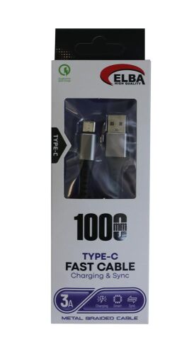Elba Elb34-Usb Type-c 1mt 3A Hızlı Şarj Hasırlı Siyah Kablo - ELBA