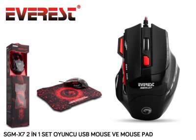 Everest SGM-X7 Usb Siyah Makrolu 7200dpi Oyuncu Mouse +Gaming Mouse Pad - 1
