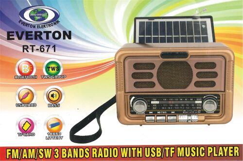 Everton Rt-671 Bluetooth Fm-Usb-Tf-Aux Şarjlı Solar Nostaljik Radyo Güneş Panelli - 1