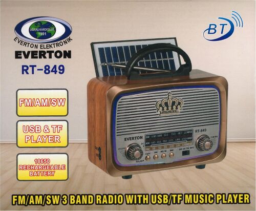 Everton Rt-849 Bluetooth Fm-Usb-Tf-Aux Şarjlı Nostaljik Radyo Güneş Panelli - 1