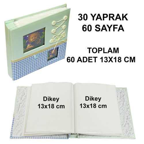 Fiyonklu Düğmeli 60'lık Fotoğraf Albümü 13x18cm - Mavi - OFİSOMİ-S (1)