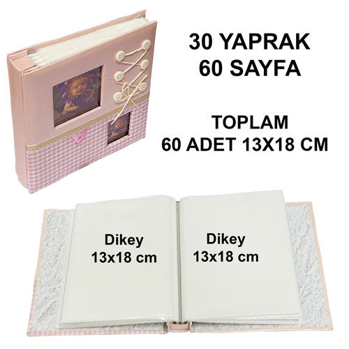 Fiyonklu Düğmeli 60'lık Fotoğraf Albümü 13x18cm - Pembe - OFİSOMİ-S (1)