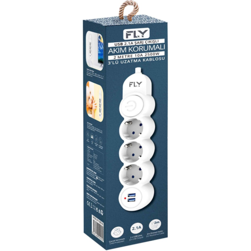 FLY 3393-01, 3 Soket, 2 USB, Akım Korumalı Priz, 2.1A, Anahtarlı, 2Mt Kablo, (Beyaz) - FLY
