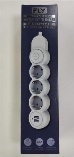 Fly 3393-01 3lü 2mt 2.1A Anahtarlı 2Usb Şarj Çıkışlı Akım Korumalı 2500w - FLY