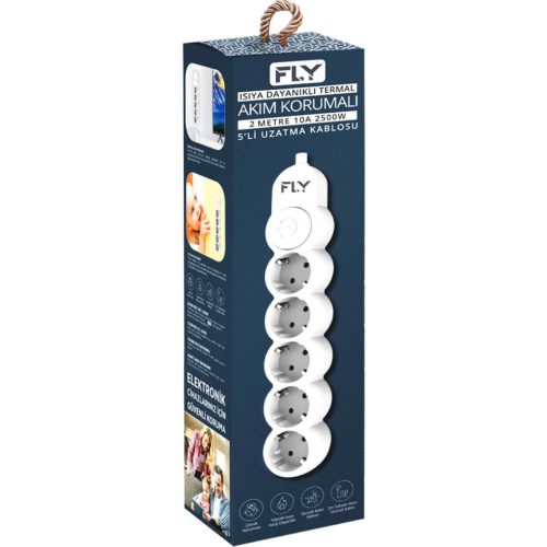 FLY 3394-01, 5 Soket, Akım Korumalı Priz, 2.1A, Anahtarlı, 2Mt Kablo, (Beyaz) - FLY