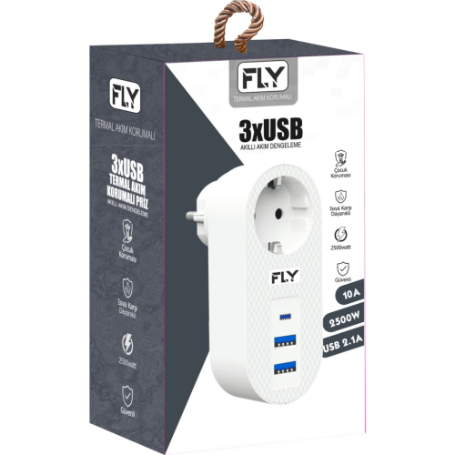 FLY 3400-01, 1 Soket, 2 USB, 1 Type-C, Akım Korumalı Priz, 2.1A, (Beyaz) - FLY