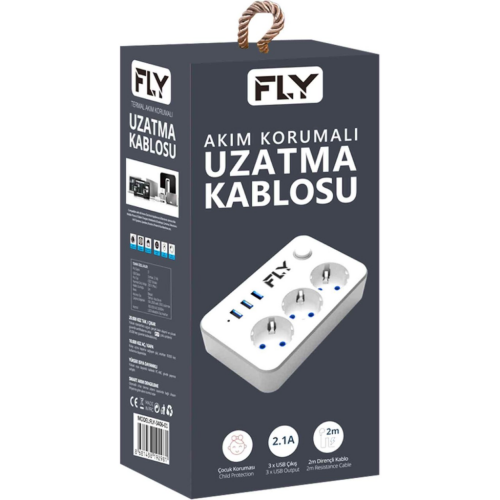 FLY 3406-01, 3 Soket, 3 USB, Akım Korumalı Priz, 2.1A, Anahtarlı, 2Mt Kablo, (Beyaz) - FLY