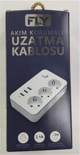 Fly 3406-01 3lü Anahtarlı 2.1A 3Usb Şarj Çıkışı 2mt Anahtarlı Akım Korumalı Priz Çocuk Koruması - 1