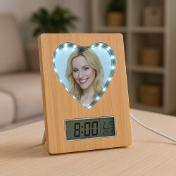 Fotoğraflı Led Işıklı Kapli Sihirli Ayna Bambu Saat Takvim Çerçeve - 9