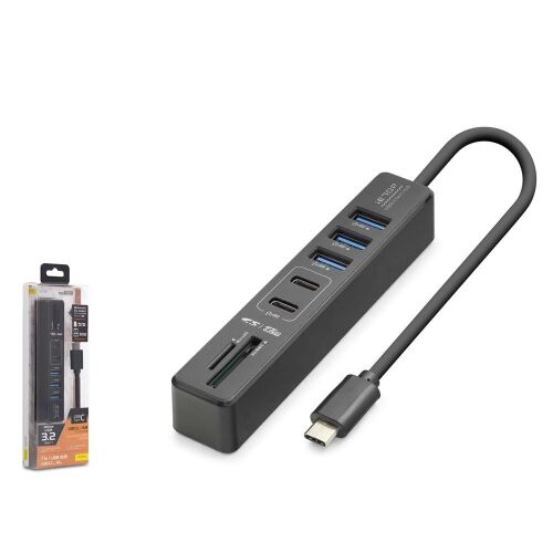 Hadron HDX7061 İetop Type-C Hub 5Gbps 2x Usb-C 3.2+3x Usb-A 3.2+SD+microSD 7 Port Kart Okuyucu Siyah - NODAR
