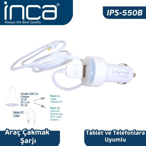 Inca IPS-550B Univarsal Tablet Uyumlu Araç Şarj Cihazı Beyaz - INCA