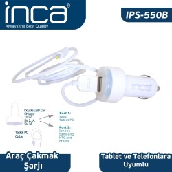 Inca IPS-550B Univarsal Tablet Uyumlu Araç Şarj Cihazı Beyaz - 1