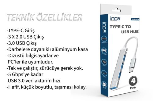 Inca IUSB-04T Type-C Grişli 4Port Usb Hub 3X2.0 USB Çıkış 3.0 USB Çıkış 5 Gbps - INCA (1)