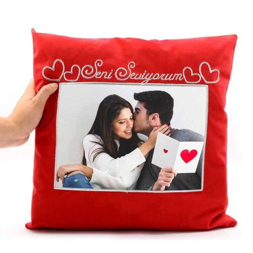 Kare Kırmızı Süet Yastık (Seni Seviyorum) - OFİSOMİ-T