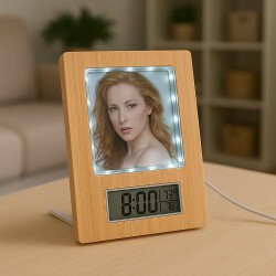 Fotoğraflı Led Işıklı Sihirli Ayna Bambu Saat Takvim Fotoğraf Çerçevesi - 1