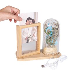 LED'li Ahşap Güllü Cam Fanus Çerçeve - 2