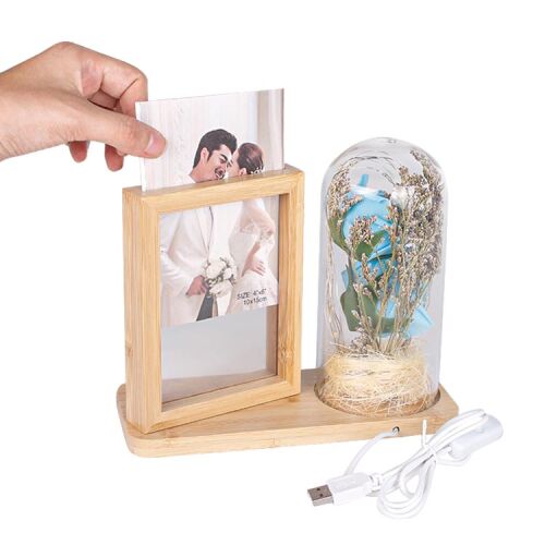 LED'li Ahşap Güllü Cam Fanus Çerçeve - 2