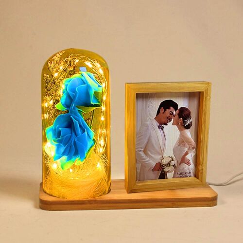 LED'li Ahşap Güllü Cam Fanus Çerçeve - 6