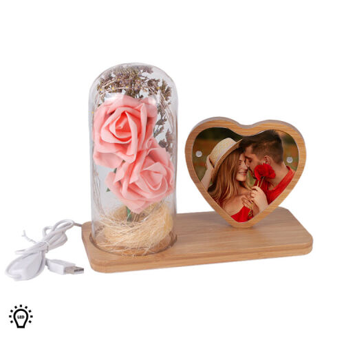 LED'li Ahşap Kalpli Güllü Cam Fanus Çerçeve - OFİSOMİ-T