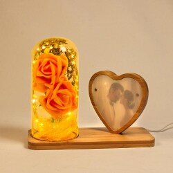 LED'li Ahşap Kalpli Güllü Cam Fanus Çerçeve - 2