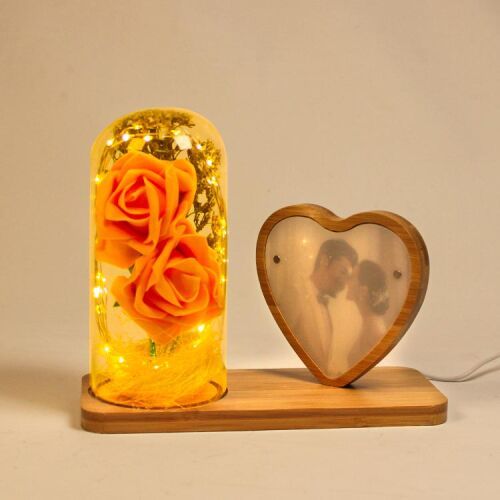 LED'li Ahşap Kalpli Güllü Cam Fanus Çerçeve - 2