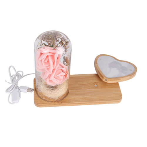 LED'li Ahşap Kalpli Güllü Cam Fanus Çerçeve - 3