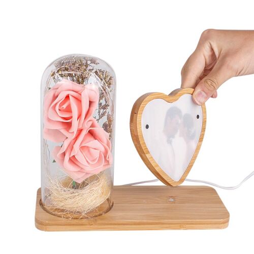 LED'li Ahşap Kalpli Güllü Cam Fanus Çerçeve - 5