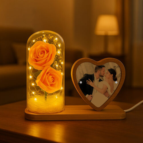 LED'li Ahşap Kalpli Güllü Cam Fanus Çerçeve - 6